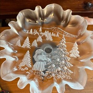 Vintage Mikasa Decorative Frosted Glass Pedestal Dish with Winter Scene